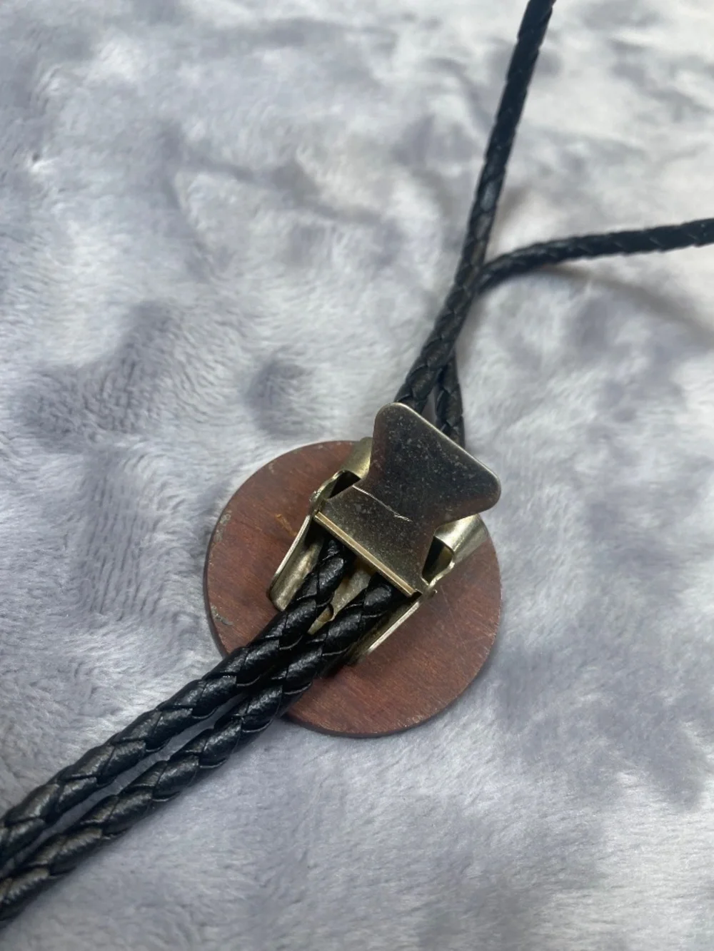 Fly Fishing Leather and Wood with Metal inlay Bolo Tie